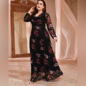 Plus Floral Print, Sheer Lace, Lantern Sleeve Dress - 2X (16)